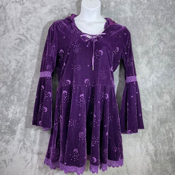 Spirit Halloween Dresses & Skirts - Spirit Halloween Midnight Sorceress Velour Hooded mini Dress XL Moon Stars